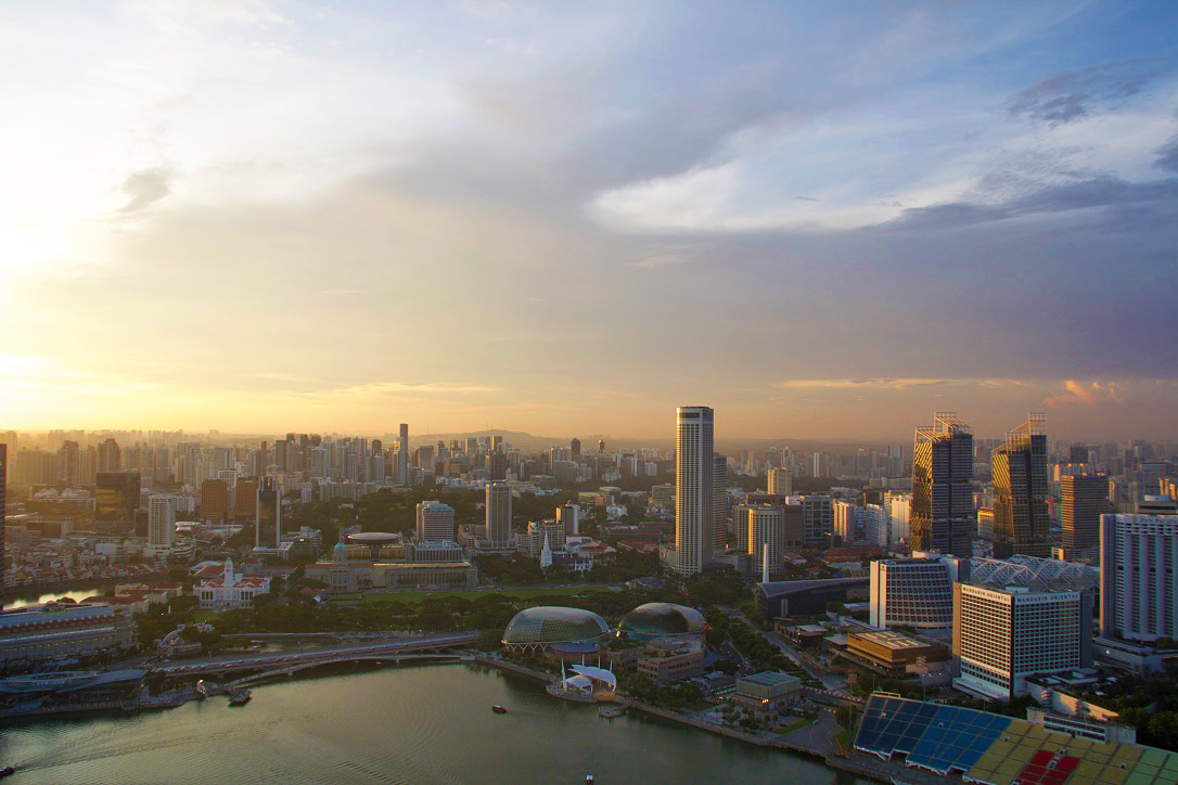 skyline view sunset marina bay sands hotel singapore