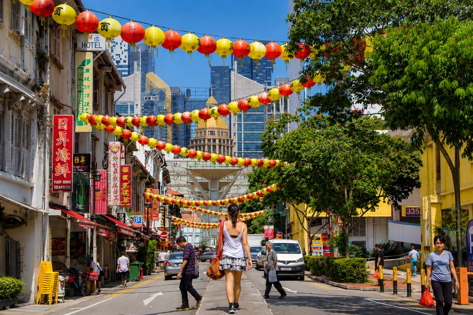 Singapore Chinatown street with colorful lanterns and restaurants, featured image for a guide to the best restaurants in Singapore.
