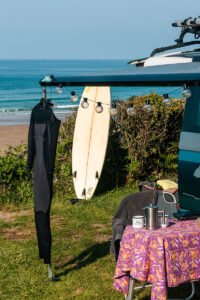 Camper van set-up at playa Oyambre in Spain
