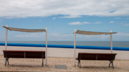 Benches with ocean view in the old town of Ericeira in Portugal