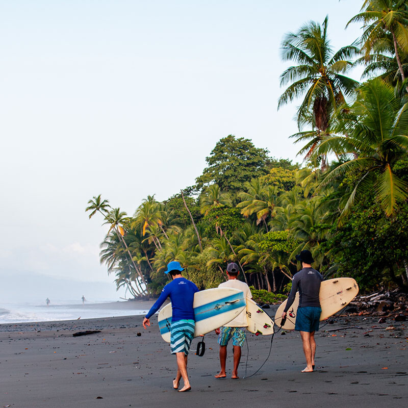 Surfers on the beach at sunrise during Mokum Surf Club Costa Rica retreat