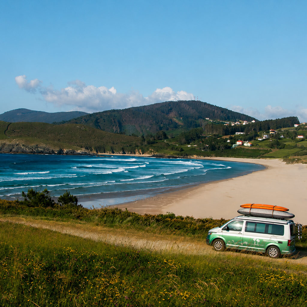 Surf camper overlooking the beach and waves in Pantín, Spain, with green hills and coastal village in the background.